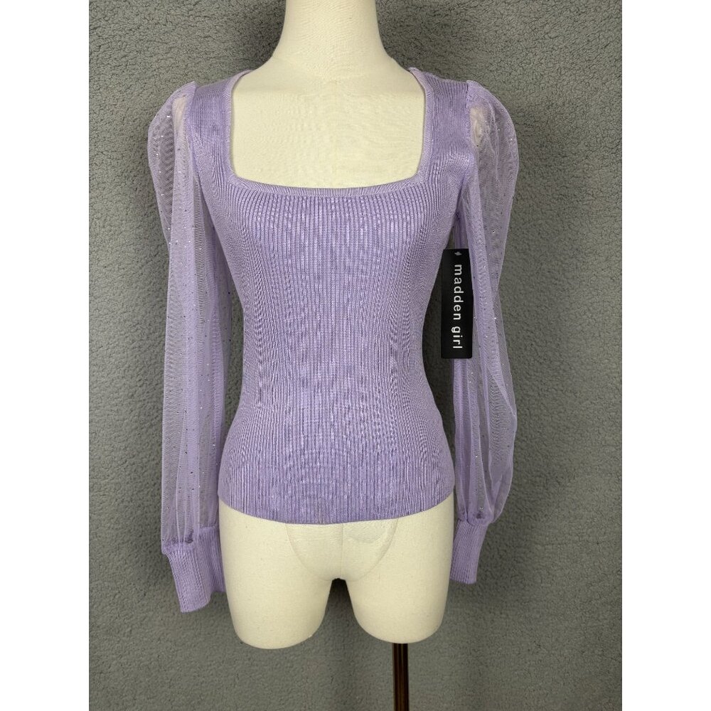 Madden Girl Juniors' Square-Neck Rhinestone-Sleeve Sweater Purple Small NWT's